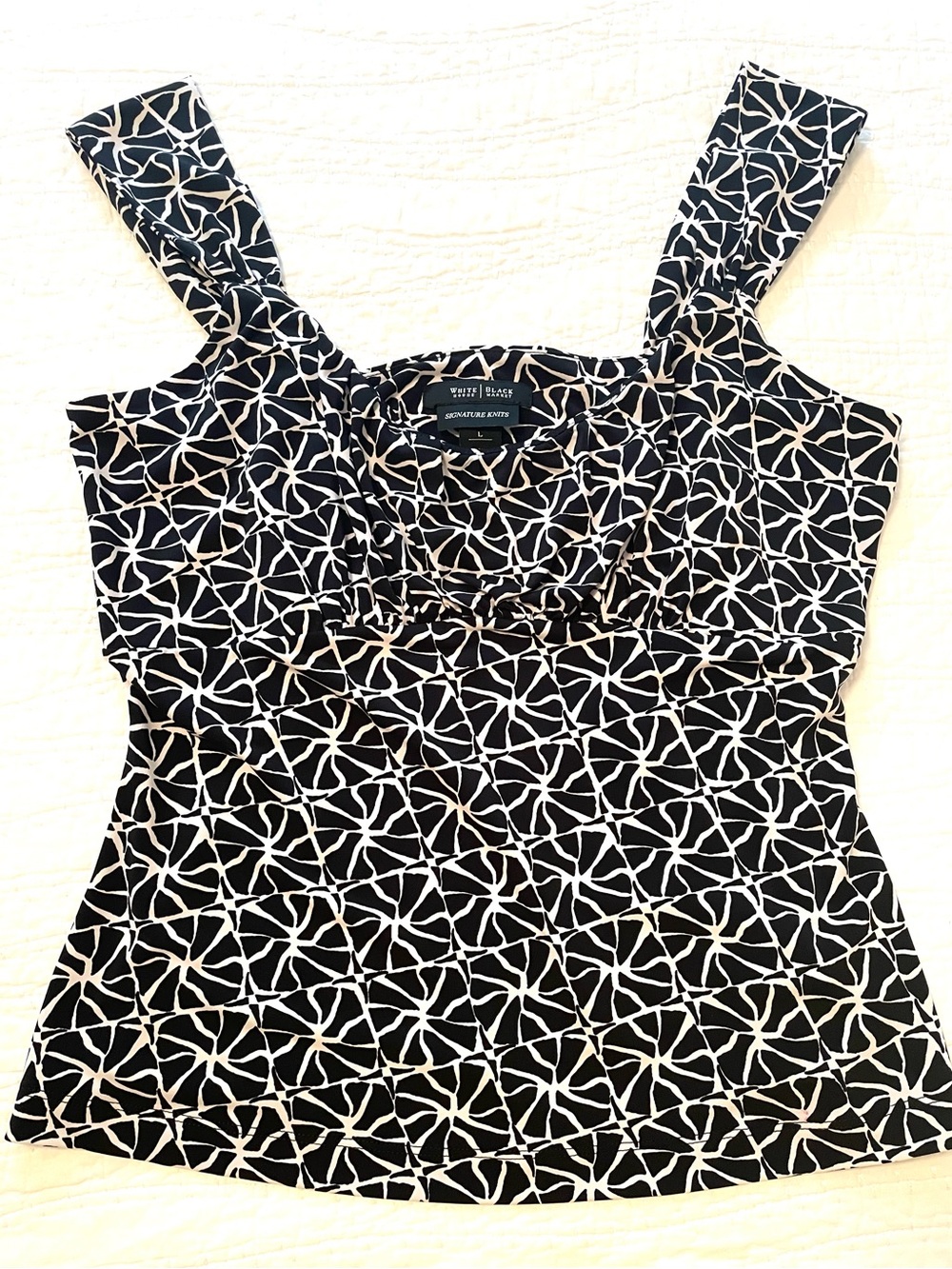 White House Black Market Black & White Patterned Square-Neck Tank